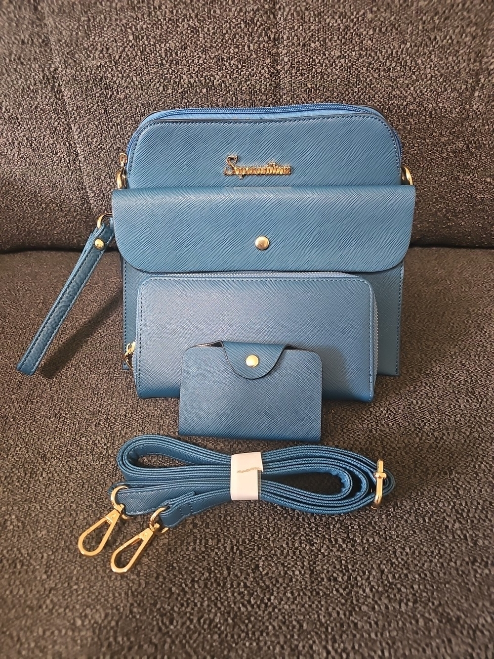Blue Crossbody Bag Set with Matching Wallet by Soperwillton